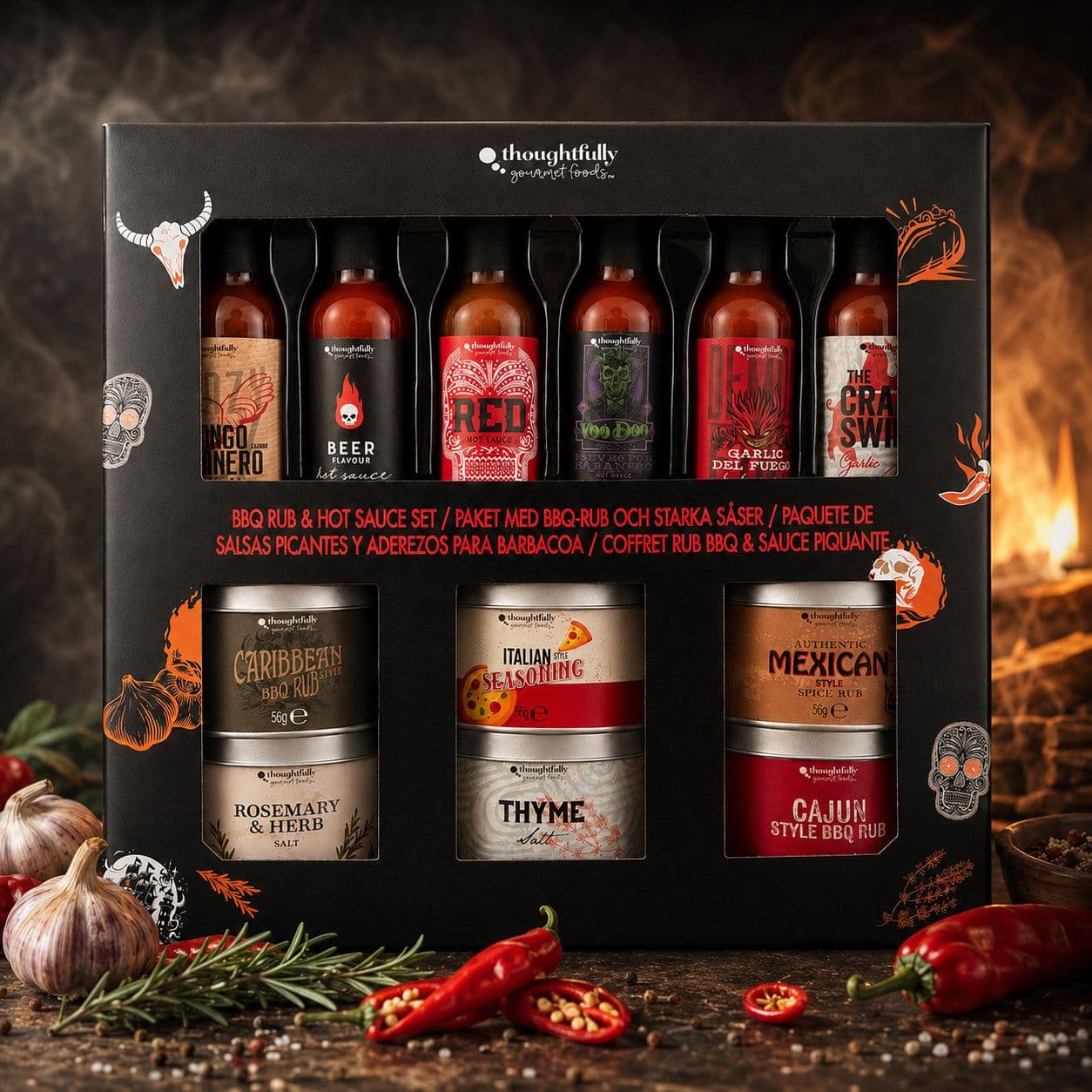 Thoughtfully BBQ Rub & Hot Sauce Gift Set, assorted sauce bottles and seasoning packaging, assorted flavours, 12 pieces, 606g, BBQ cooking