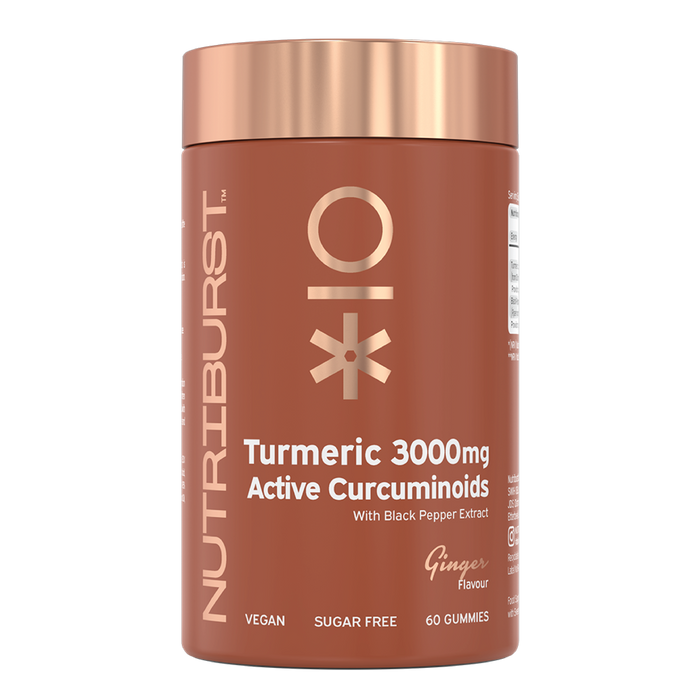 Nutriburst Turmeric and Black Pepper Gummies bottle, ginger flavour, 60 count.