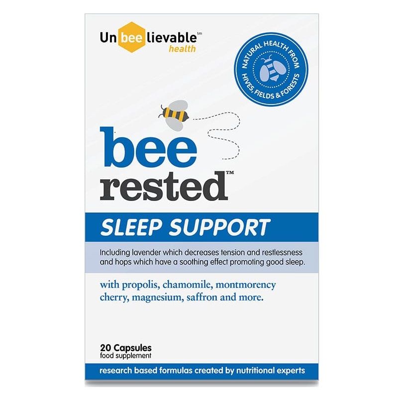 Unbeelievable Health Bee Rested nighttime relaxation supplement bottle, 20 capsules.