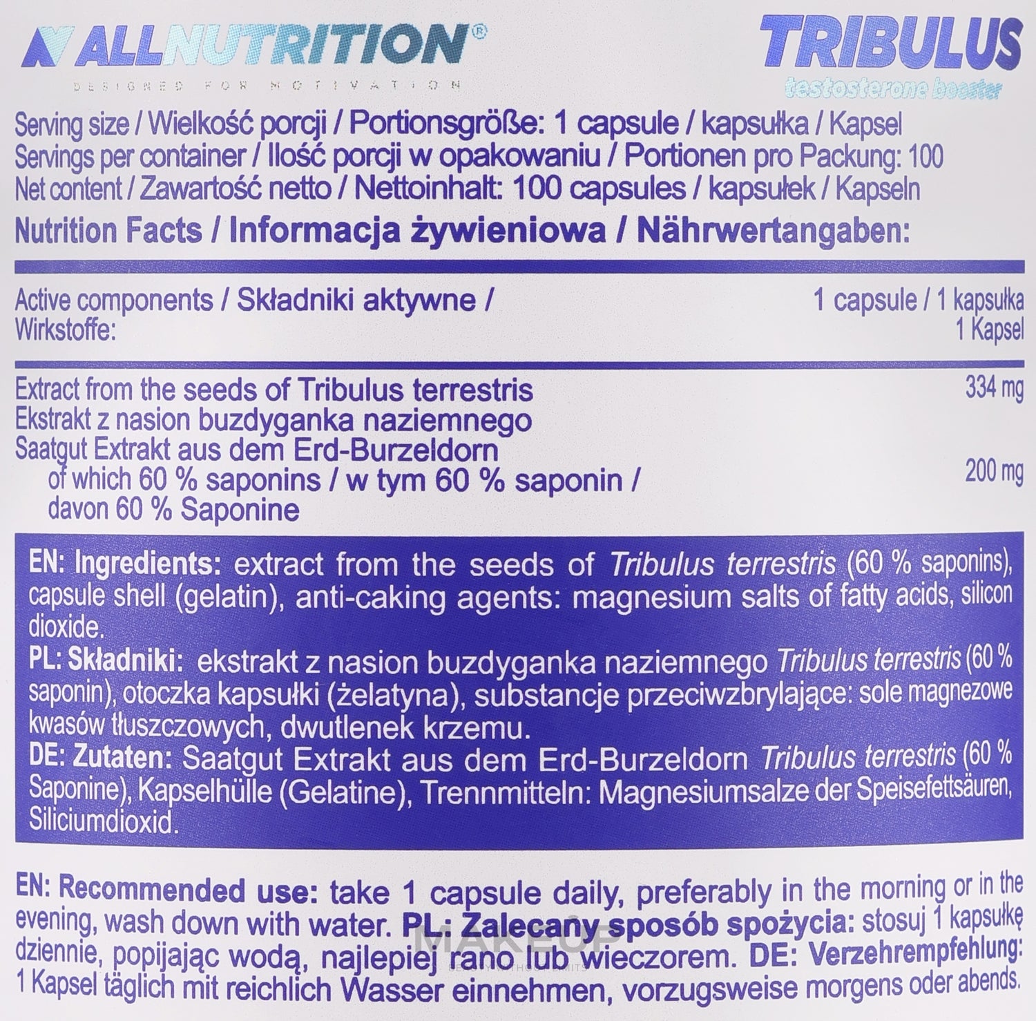 Supplement facts panel showing 60% saponins standardization.