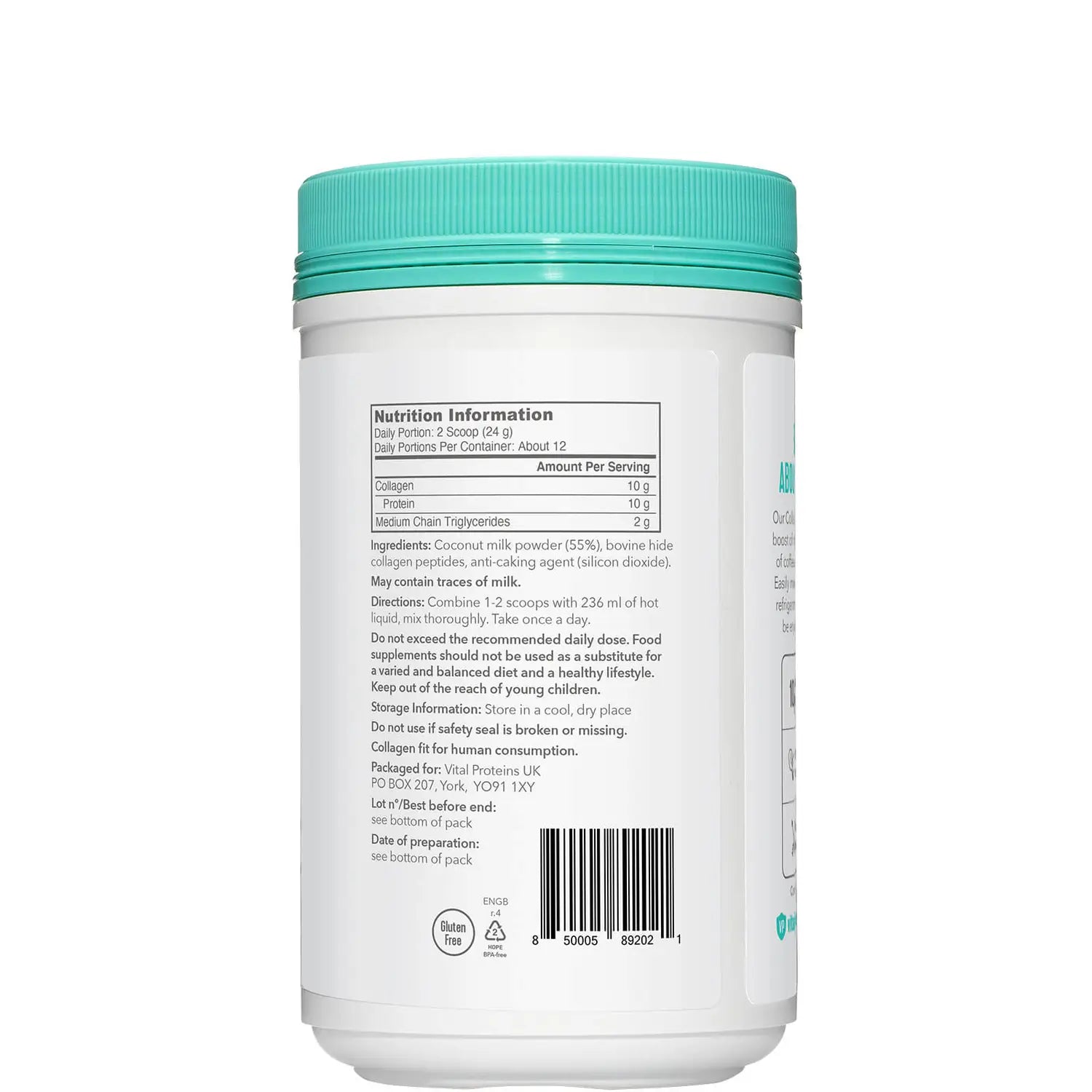 Barcode image: Vital Proteins Collagen Coffee Creamer coconut powder tub 293g barcode