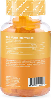 Novomins Vitamin D3 Gummies 4000 IU Mango 60 Count ingredients nutritional label with barcode