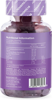 Novomins Night Time Gummies Sugar Free Raspberry 60 Count ingredients nutritional label with barcode